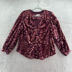 Chicos Top Womens 2 US12 Burgundy Flora Velvet Burnout Button Front V-Neck